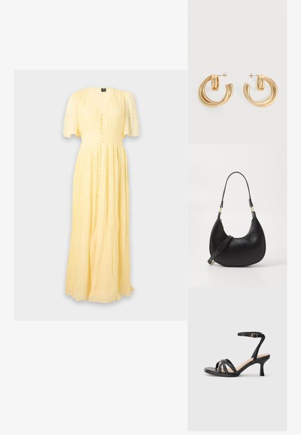 Robe longue plissée jaune pâle avec manches courtes, encolure en V, boutons recouverts de tissu sur le devant et taille cintrée.; Sandales à talons noirs avec plusieurs fines lanières sur le bout, une seule lanière à la cheville avec une boucle dorée, et un bout carré.; Sac à main en cuir noir avec une forme courbée, doté d'une fermeture à glissière en haut, d'une courte poignée et d'une bandoulière amovible. Accent en métal doré.; Paire de boucles d'oreilles créoles doubles en or brillant avec attaches à tige sur fond blanc.