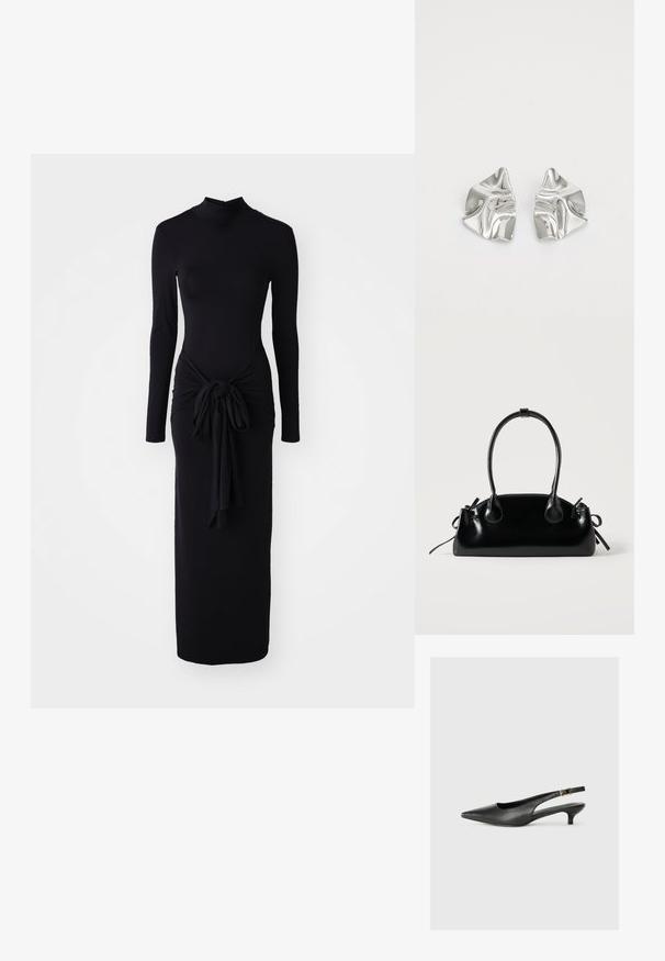 Čierne šaty s dlhým rukávom, vysokým výstrihom, uzlovým pásom a elegantným, priliehavým strihom. Vyrobené z elastického materiálu.; Čierne body topánky s otvorenou pätou vyrobené z hladkej kože. Zobrazuje tenké opätky a ozdobný detail s prackou na nastaviteľnom popruhu.; Malá čierna lesklá kabelka s dvoma dlhými rúčkami a bočnými šnúrkovými detailmi na jednoduchom svetlom pozadí.; Strieborné kovové náušnice s vlnitým, sochárskym dizajnom, s lešteným povrchom a nepravidelnými tvarmi, ktoré zvýrazňujú súčasnú estetiku.