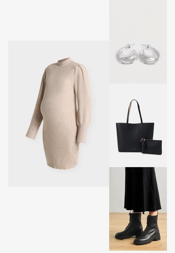 Robe de maternité en tricot côtelé beige avec manches ballon longues et col montant, conçue pour s'adapter à un ventre de grossesse.; Bottines en cuir noir avec une semelle plateforme épaisse et une fermeture éclair à l'avant. Texture lisse avec un design minimaliste.; Sac fourre-tout noir avec un matériau texturé, deux longues anses et une pochette zippée amovible avec un détail de pompon. Logo de la marque en orvisible.; Une paire de boucles d'oreilles en croissant argenté poli avec des supports en plastique transparent sur une surface blanche.