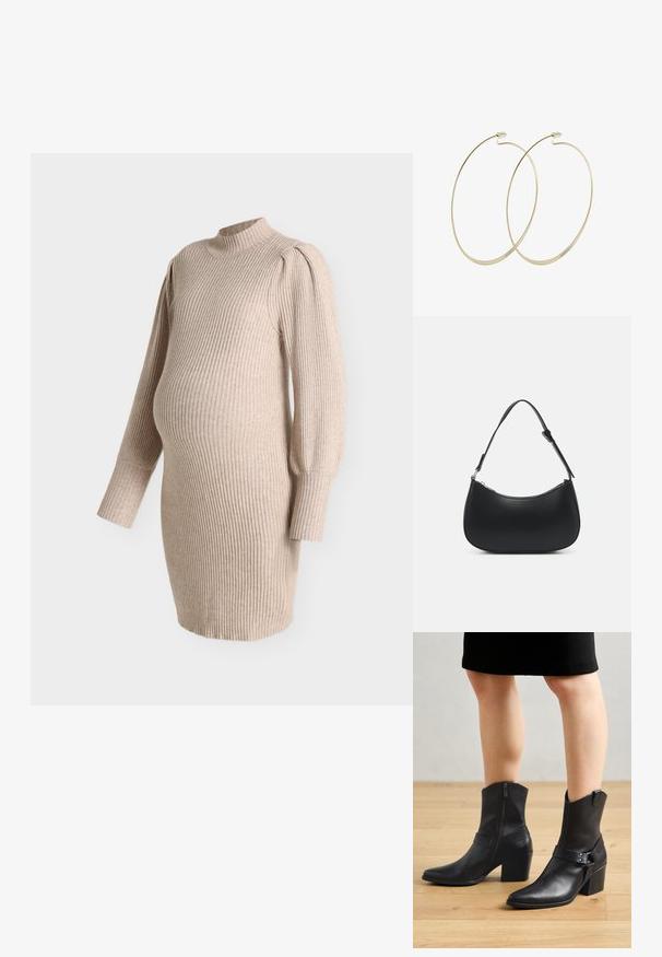 Vestido de maternidad de punto acanalado beige con mangas largas abullonadas y cuello falso, diseñado para ajustarse sobre la barriga de embarazo.; Botines de cuero negro con punta afilada, cierre de cremallera, tacón curvado y una correa decorativa con detalles metálicos.; Pieces PCALUANA SHOULDER BAG - Bolso de mano - black; Pilgrim Pendientes - gold-coloured