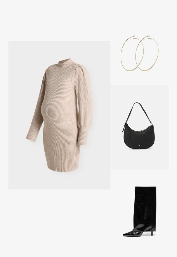 Vestido de maternidad de punto acanalado beige con mangas largas abullonadas y cuello falso, diseñado para ajustarse sobre la barriga de embarazo.; Botín de cuero negro hasta el tobillo con punta afilada y tacón cuadrado, que presenta un caña alta y brillante y un acabado texturizado en la parte inferior.; Bolso de mano de cuero negro con forma curva, superficie texturizada, costuras frontales y un logo en tono dorado. Cuenta con una sola correa ajustable.; Pilgrim Pendientes - gold-coloured