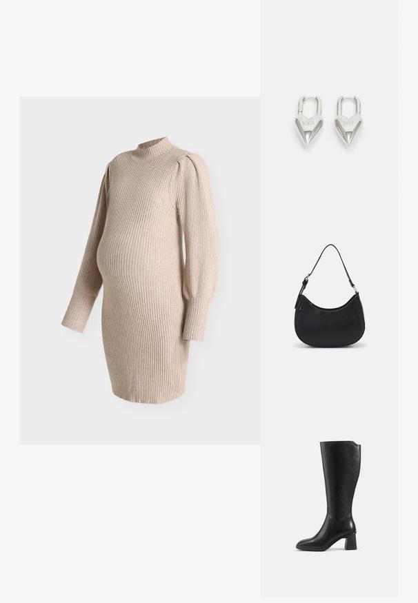 Robe de maternité en tricot côtelé beige avec manches ballon longues et col montant, conçue pour s'adapter à un ventre de grossesse.; Botte en cuir noire montant jusqu’au genou avec un talon bloc et un bout arrondi, vue de profil sur un fond uni.; Sac hobo noir en cuir lisse avec une silhouette arrondie, doté d'une seule sangle ajustable et de détails de design minimalistes.; Cadenas en forme de cœur en argent avec les inscriptions gravées "OUI" et "NON", finition polie, design symétrique et un robuste fermoir en métal.