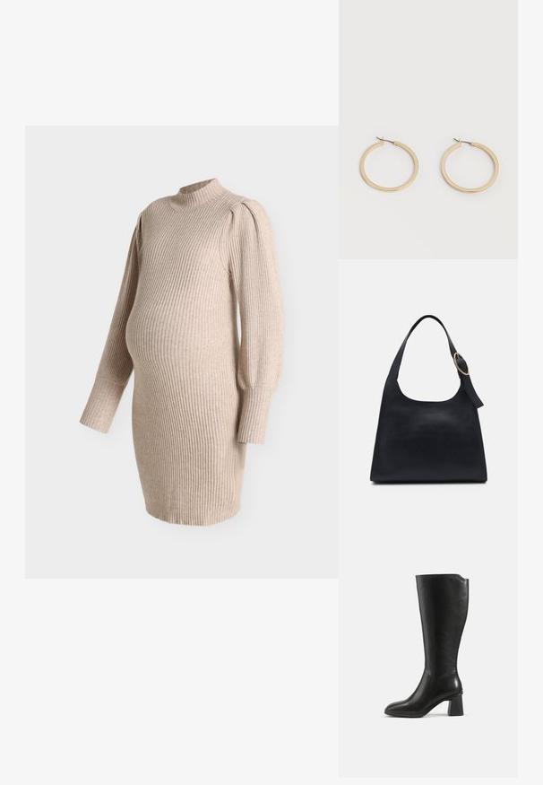 Robe de maternité en tricot côtelé beige avec manches ballon longues et col montant, conçue pour s'adapter à un ventre de grossesse.; Botte en cuir noire montant jusqu’au genou avec un talon bloc et un bout arrondi, vue de profil sur un fond uni.; Sac en cuir noir avec une texture lisse, un corps arrondi et une seule anse, ornée d'un accent en métal doré rond.; Paire de boucles d'oreilles créoles moyennes lisses ton or avec fermoirs à charnière sur fond clair uni.