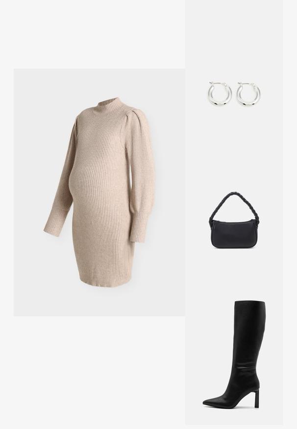Vestido de maternidad de punto acanalado beige con mangas largas abullonadas y cuello falso, diseñado para ajustarse sobre la barriga de embarazo.; Even&Odd Botas - black; Bolso negro de forma redondeada, hecho de material liso. Presenta un asa trenzada y un cierre de cremallera para un almacenamiento seguro.; Pendientes de aro de plata con un acabado pulido, que presentan una forma circular y un cierre de gancho. Textura suave con detalles mínimos.
