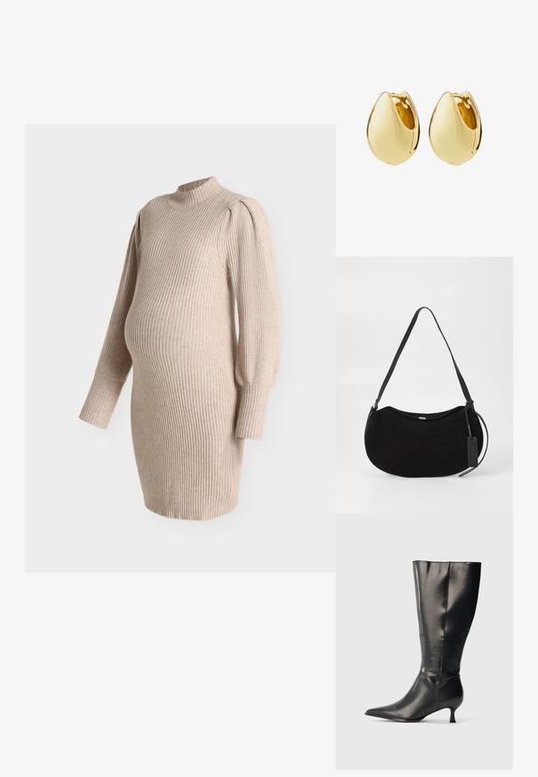 Vestido de maternidad de punto acanalado beige con mangas largas abullonadas y cuello falso, diseñado para ajustarse sobre la barriga de embarazo.; Bota negra de cuero hasta la rodilla, con punta afilada y tacón bajo tipo kitten, mostrada sobre un fondo claro y sencillo.; Bolso de hombro de ante negro con forma curved, correa ajustable y una etiqueta de cuero colgando de un lado.; Par de pendientes de aro de oro pulido y liso con forma de lágrima y cierre abatible, exhibidos sobre un fondo blanco.