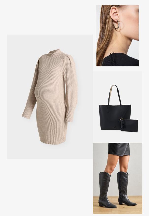 Robe de maternité en tricot côtelé beige avec manches ballon longues et col montant, conçue pour s'adapter à un ventre de grossesse.; Bottes noires montantes en cuir lisse, avec un bout pointu, un petit talon carré et une fermeture éclair sur le côté pour un enfilage facile.; Sac fourre-tout noir avec un matériau texturé, deux longues anses et une pochette zippée amovible avec un détail de pompon. Logo de la marque en orvisible.; Boucle d'oreille en argent avec une finition polie, présentant de petits détails en or et de forme ronde, portée sur le lobe.