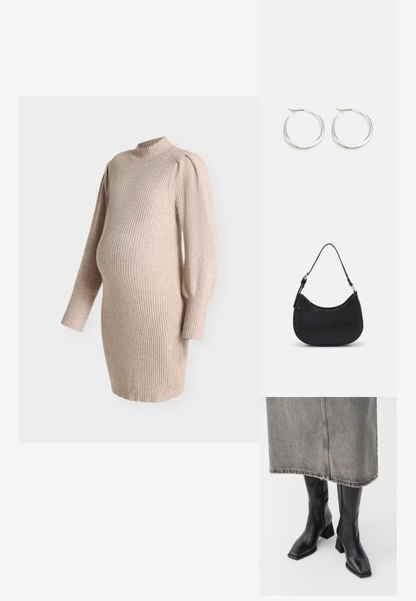 Vestido de maternidad de punto acanalado beige con mangas largas abullonadas y cuello falso, diseñado para ajustarse sobre la barriga de embarazo.; Botas negras hasta la rodilla de cuero liso con punta cuadrada y tacón cuadrado. Llevadas con una falda de mezclilla gris con dobladillo desflecado.; Bolso hobo negro hecho de cuero suave con una silueta curva, que cuenta con una sola correa ajustable y detalles de diseño minimalistas.; Los pendientes de aro de plata presentan un diseño suave y redondeado con un perfil delgado y un cierre seguro. Estilo minimalista con un acabado pulido.
