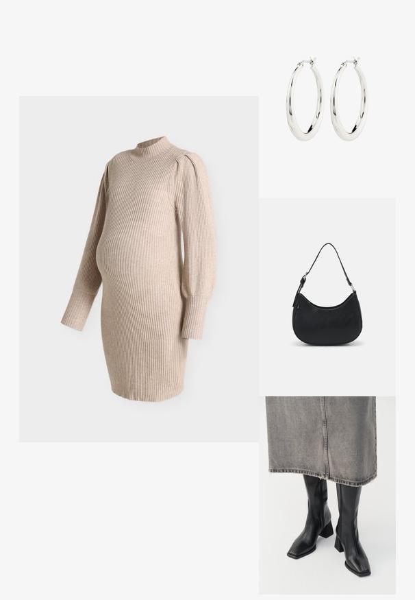 Vestido de maternidad de punto acanalado beige con mangas largas abullonadas y cuello falso, diseñado para ajustarse sobre la barriga de embarazo.; Botas negras hasta la rodilla de cuero liso con punta cuadrada y tacón cuadrado. Llevadas con una falda de mezclilla gris con dobladillo desflecado.; Bolso hobo negro hecho de cuero suave con una silueta curva, que cuenta con una sola correa ajustable y detalles de diseño minimalistas.; Pendientes de aro de plata con un acabado suave y brillante. Forma circular, con un cierre seguro. Diseño sencillo y elegante.