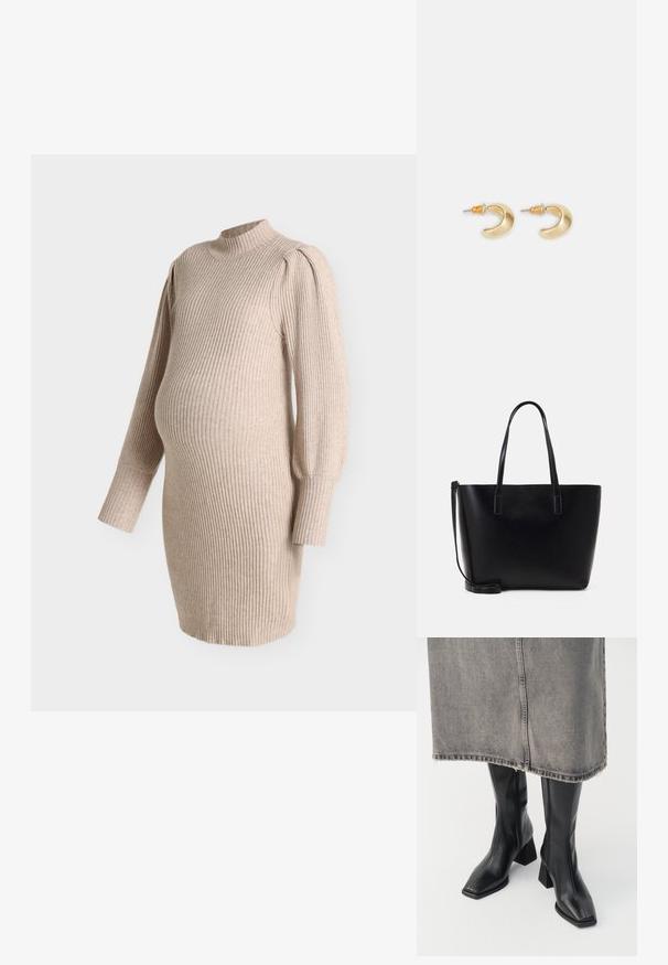 Robe de maternité en tricot côtelé beige avec manches ballon longues et col montant, conçue pour s'adapter à un ventre de grossesse.; Bottes noires montantes en cuir lisse avec un bout carré et un talon bloc. Portées avec une jupe en denim grise à l'ourlet effiloché.; Sac à dos en cuir noir avec deux longues anses, une forme structurée, une texture lisse et une bandoulière amovible. Détail de marque subtil.; Boucles d'oreilles en forme de croissant en or avec une finition lisse, présentant des accents orange près du clou et un matériel en argent.