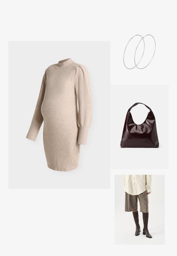 Beige ribstrikket graviditetskjole med lange ballonærmer og høj hals, designet til at passe over en babybule.; Brune knæhøje støvler med firkantet tå og blokhæl, parret med beige oversized skjorte og brune ternede culotter.; Bordeaux, skinnende vegansk læder tote taske med en blød, skulpturel form og et bredt, buet håndtag for nem bæring.; Sølvøreringe med et minimalistisk design. Cirkulær form, glat tekstur og tynd profil. Letvægtige med en poleret overflade.