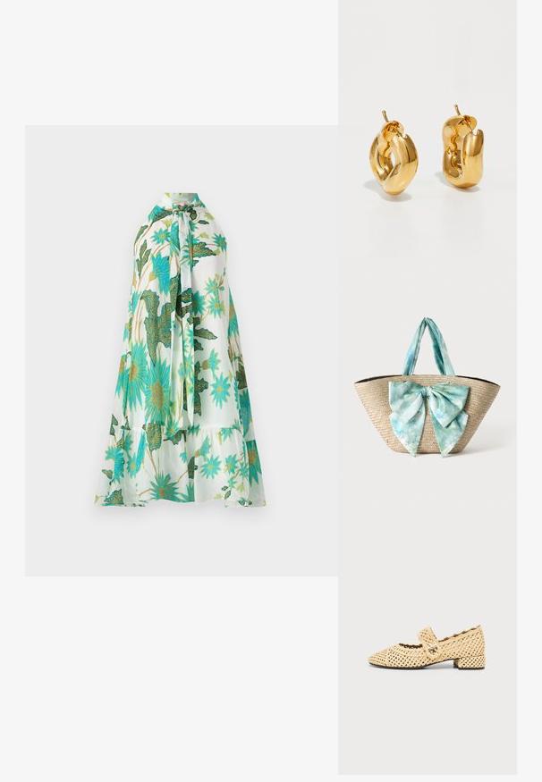 Blumen Kleid mit Halterneck, auf weißem Hintergrund mit lebendigen blauen und grünen Blumenmustern, aus weichem Stoff und im gestuften Design.; Beiger gewebter Mary Jane Schuh mit niedrigem Blockabsatz und Schnallenriemen über dem Spann vor einfarbigem Hintergrund.; Geflochtene Strohtasche mit breiten hellblau-weißen Batikstoffgriffen und einer großen passenden Stoffschleife vorne.; Fette goldene Creolen mit einem leicht verdrehten, röhrenförmigen Design und Steckverschlüssen auf einem weißen Hintergrund.