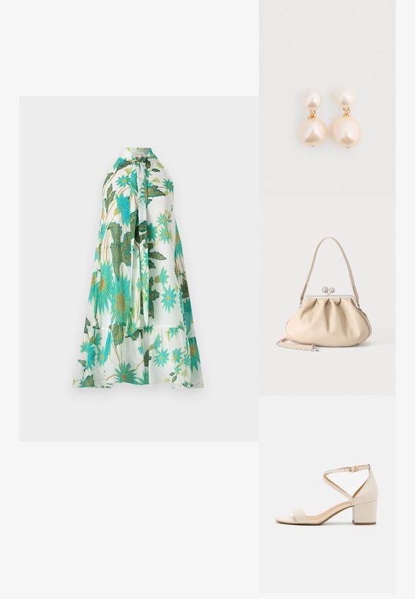 Blomsterkjole med halterneck, med hvid baggrund og levende blå og grønne blomsterdesigns, blødt stof og lagdelt design.; Beige blokhælede sandaler med et minimalistisk design, åben tå og justerbar ankelrem med en guldbelsningsdetalje. Glat tekstur.; Beige blød læderhåndtaske med en sølv metalramme-lukning, enkelt skulderstrop og en valgfri kæderem på en hvid baggrund.; Perleøreringe med to teksturerede, off-white perler i graderede størrelser, forbundet med guldfarvet beslag. Glat, blank finish.