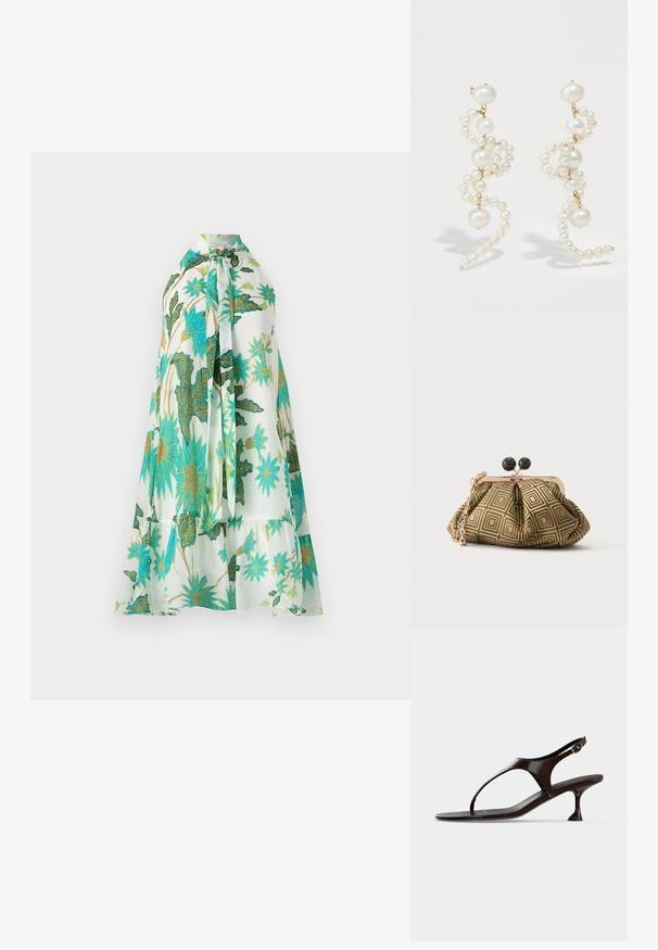 Bloemjurk met halternek, een witte achtergrond en levendige blauwe en groene bloemmotieven, zachte stof en gelaagd ontwerp.; Donkerbruine lakleren slingbacksandaal met kittenheel en teenbandje op witte achtergrond.; Kleine clutch tas met goud-zwart geometrisch patroon, goudkleurig metalen frame, zwarte bolsluiting en een korte gouden kettingband.; Witte pareloorbellen met een draaiend ontwerp, featuring variërende groottes van parels en gouden accenten. Glad textuur en elegante vorm.