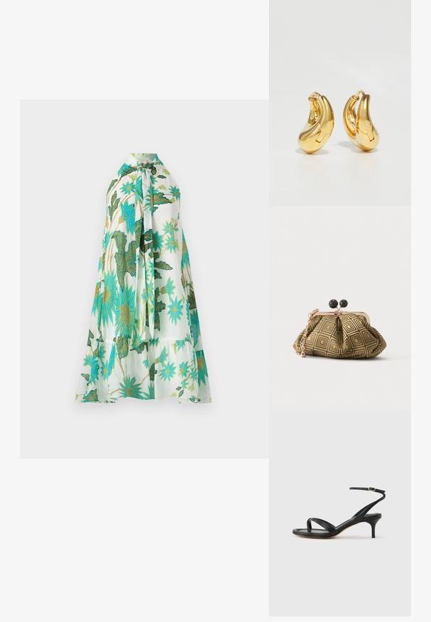 Blomsterkjole med halterneck, med hvid baggrund og levende blå og grønne blomsterdesigns, blødt stof og lagdelt design.; Sort damesandal i læder med tynde remme, en tå-loop, ankelspænde og en mellemhøj stiletthæl på en neutral baggrund.; Lille clutch taske med gyldent og sort geometrisk mønster, guldfarvet metalramme, sort kuglelås og en kort guldkæde som rem.; Guldringeøreringe med en glat, buet form og poleret overflade. Udstyret med en lukkeanordning og lette fordybninger for detaljer.