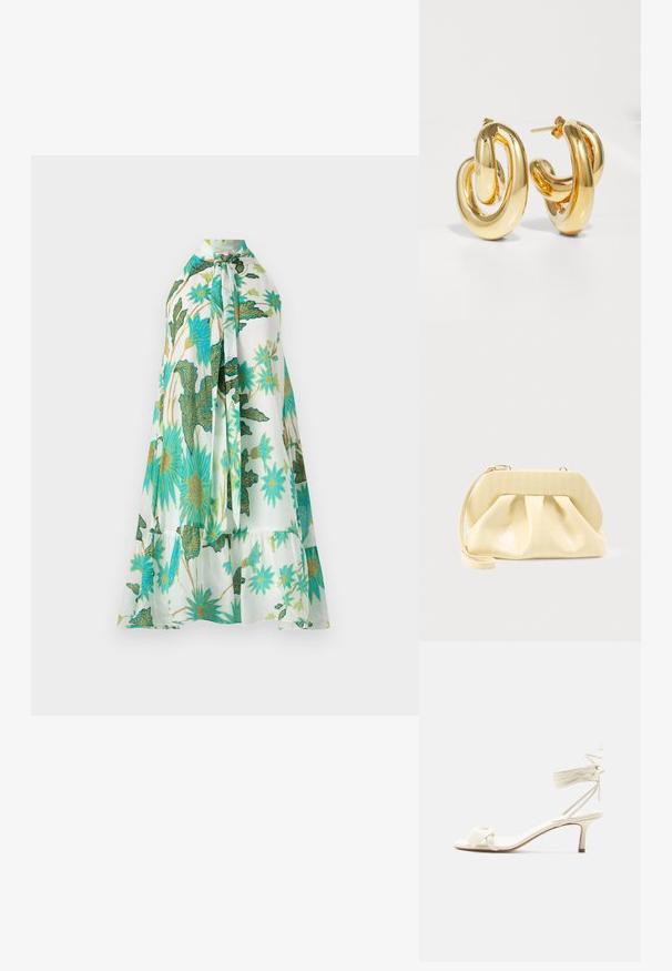 Blomsterkjole med halterneck, med hvid baggrund og levende blå og grønne blomsterdesigns, blødt stof og lagdelt design.; Kremfarvet sandal med lave hæle, bindebånd om anklen og en bred snoet rem over tæerne på en ensartet hvid baggrund.; Clutch-taske i cremefarvet læder med en struktureret topramme og håndledsrem, vist mod en enkel lys baggrund.; Charlotte Chesnais BO INITIAL BLOW - Øreringe - gold-coloured
