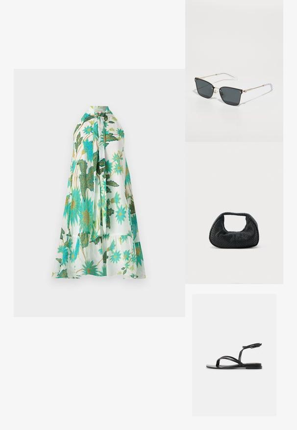 Blomsterkjole med halterneck, med hvid baggrund og levende blå og grønne blomsterdesigns, blødt stof og lagdelt design.; Sort flad sandal med tynde stropper, en tåsløjfe og en justerbar ankelspænde på en hvid baggrund.; Sorte solbriller med geometrisk form, guld metal stel og gennemsigtige tempelspidser. Indeholder krystal detaljer nær hængslerne.; Sort flettet hobo-taske med blød struktur og integreret håndtag, vist på en ensfarvet lys baggrund.