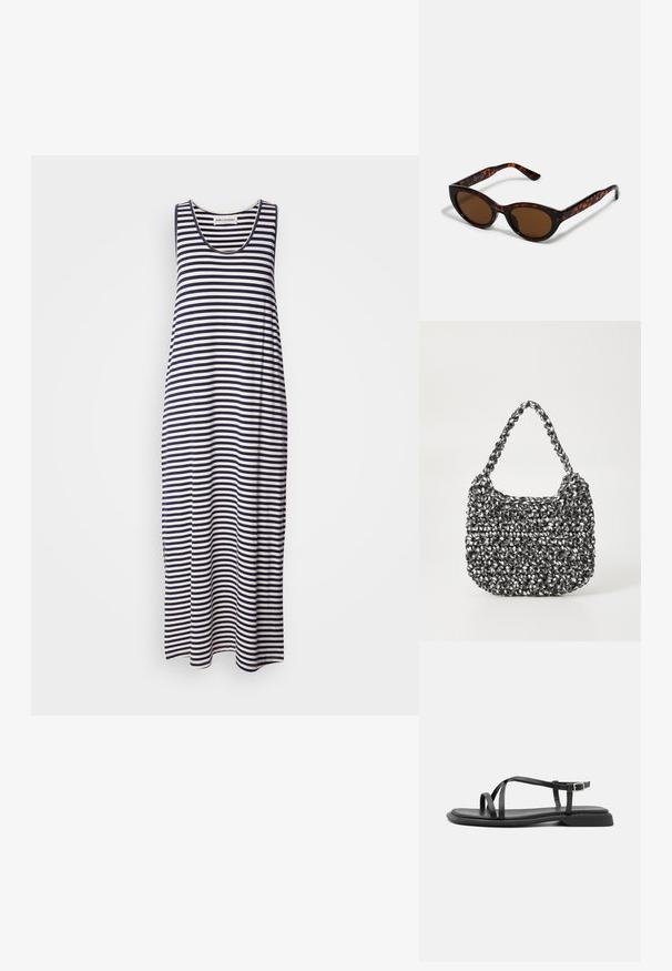 Vestido maxi sin mangas a rayas en navy y blanco. Con escote redondeado y corte relajado. Fabricado en tejido suave y ligero.; Sandalias planas negras con tiras ajustables finas, con una pala rectangular y un acabado mate texturizado. Presentan un tacón bajo ligeramente cuadrado.; Gafas de sol de carey marrón con una forma vintage de ojo de gato y lentes marrones. Presentan brazos curvados con acentos rojos.; Bolso de mano tejido en blanco y negro con forma redondeada, superficie texturizada y asa trenzada. Adecuado para uso casual.