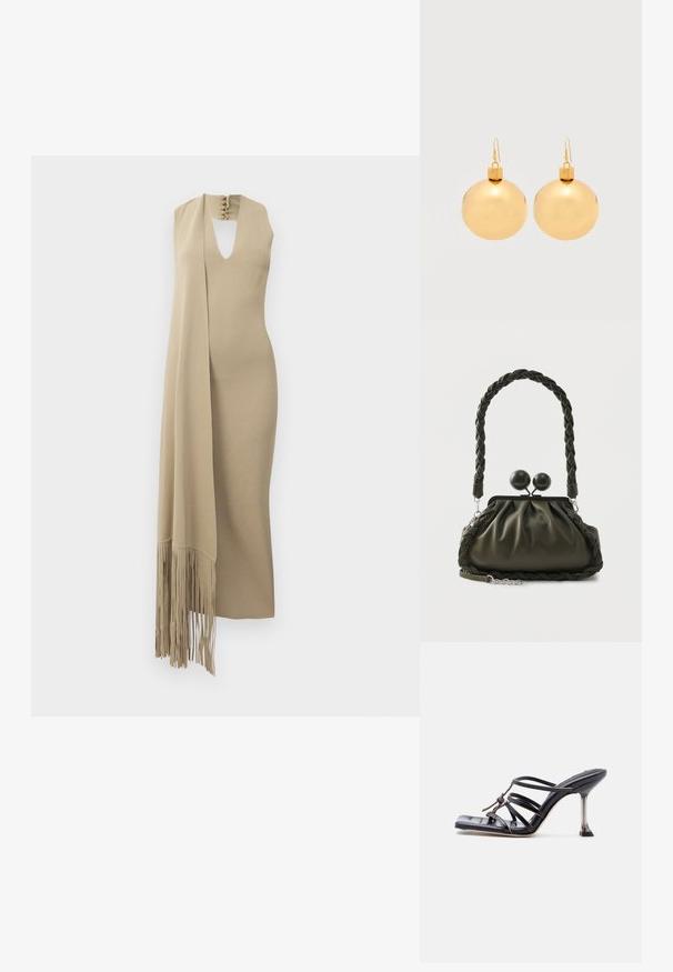 Sætløs beige maxikjole med nøglehulsudskæring og vedhæftet lang tørklæde med frynsedetaljer på den ene side.; Sort højhælet sandal med stropper, firkantet tå og tynd stilet hæl, med overlappende stropper og en knudedetalje på overdelen.; Olivengrøn læderhåndtaske med flettet håndtag og sølvhardware, med en samlet design og runde låsedetaljer på toppen.; Par af skinnende gyldne julekugleøreringe med krog-lukninger på en ensfarvet hvid baggrund.