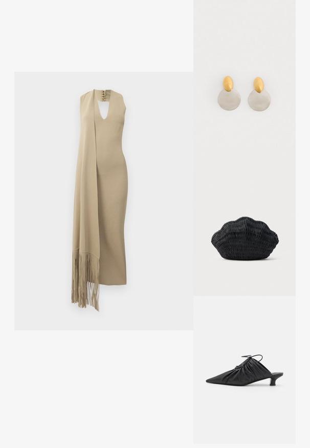 Vestido maxi sin mangas de color beige con escote en forma de ojo de cerradura y bufanda larga adjunta que presenta flecos en un lado.; Mules negros de cuero sin hebillas con punta afilada, textura recogida y un pequeño tacón de gato. Presentan un detalle de cordón en la abertura.; Bolso de mimbre negro con forma de concha de vieira con parte superior curva y textura tejida sobre un fondo liso.; Pendientes de metal dorado y plateado con base de disco redondo y pieza superior ovalada, textura suave y acabado pulido.