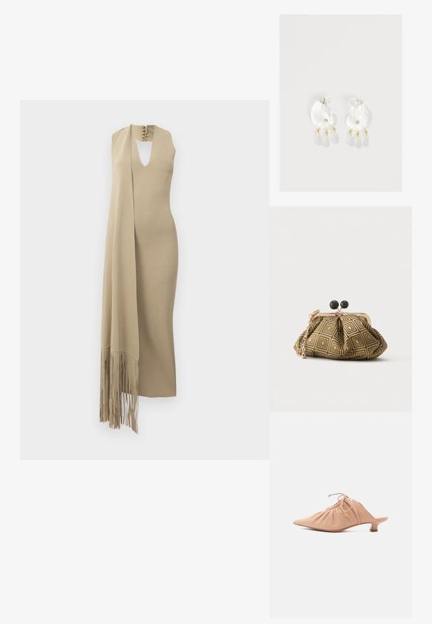 Ärmelloses beiges Maxikleid mit einem Schlüssel-Ausschnitt und einem angenähten langen Schal, der auf einer Seite fransenverziert ist.; Beige Leder-Pantolette für Damen mit spitzer Kappe, gerafftem Obermaterial, Kordelzug und niedrigem Kitten-Heel auf weißem Hintergrund.; Kleine Clutch mit goldenem und schwarzem geometrischem Muster, goldfarbenem Metallrahmen, schwarzem Kugelverschluss und kurzem goldfarbenem Kettenriemen.; Klare Harz-Ohrringe in Muschelform mit kleinen goldenen Akzenten und drei hängenden durchsichtigen tropfenförmigen Anhängern an jedem Ohrring.
