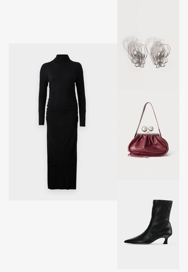 Schwarzes Kleid mit langen Ärmeln, das über einen gerippten Rollkragen, geraffte Seiten und eine gerade Maxilänge verfügt. Hergestellt aus weichem, dehnbarem Stoff.; Schwarzer Leder-Stiefel bis zur Mitte der Wade mit spitzer Schuhspitze und niedrigem Kittenabsatz, seitlich auf hellem einfarbigem Hintergrund gezeigt.; Kleine burgunderrote Lederhandtasche mit gerafften Details, einem dünnen Riemen und einem silbernen Verschluss mit zwei großen runden Knöpfen.; Paar silberne Metallohrstecker mit offenem Drahtkäfig-Design und glatten zentralen ovalen Formen, die geschwungene Schatten auf einem weißen Hintergrund werfen.