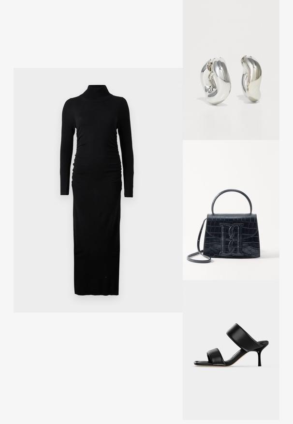 Robe noire à manches longues avec col roulé côtelé, côtés froncés et silhouette maxi droite. Fabriquée en tissu doux et extensible.; Sandale mule en cuir noir avec deux larges brides et un talon stiletto fin de hauteur moyenne sur un fond clair uni.; Sac à main en cuir noir embossé en crocodile avec un design structuré, une poignée supérieure, une bandoulière ajustable et un détail de logo en avant bien visible.; Boucles d'oreilles sculpturales en argent avec des formes douces et courbes et des surfaces réfléchissantes. Présentent un design de boucle fermée et une forme organique distincte.