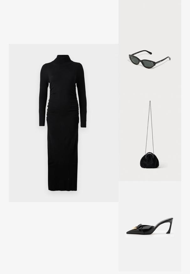 Sort langærmet kjole med ribbet turtleneck, rucherede sider og en lige maxi-silhuet. Lavet af blødt, strækbart stof.; Sorte patentlæder mules med spidse tæer, knyttet frontdesign, guldfarvet hardware og en tilspidset høj hæl.; Sorte katteøje-solbriller med mørke linser, prydet med sølvfarvede detaljer langs den øverste kant. Slank, glossy plastikramme.; Lille sort taske i kunstpels med flettede top-håndtag og lang tynd skulderrem på ensfarvet baggrund.