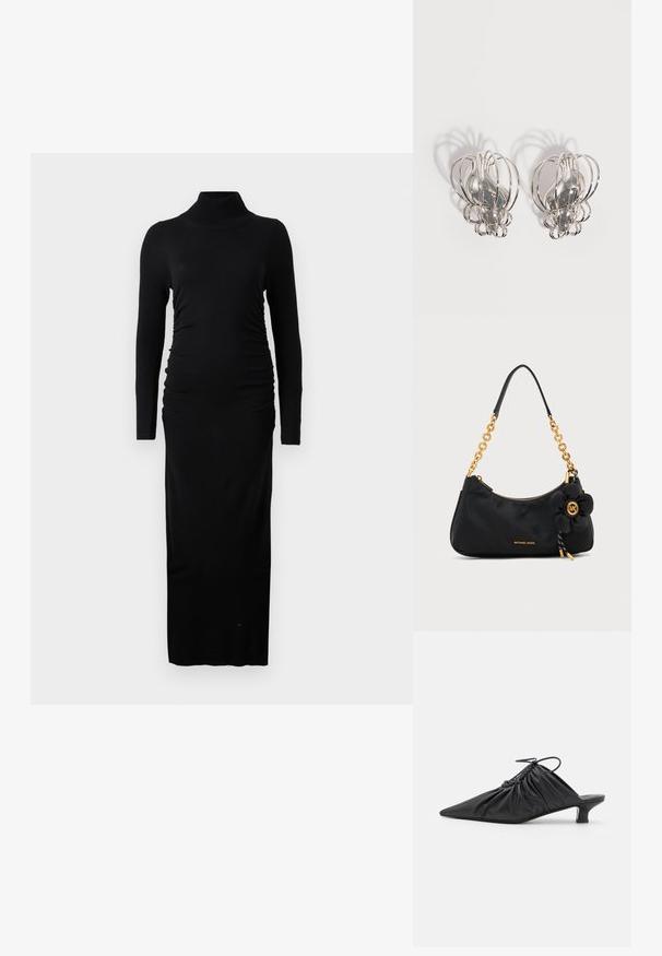 Sort langærmet kjole med ribbet turtleneck, rucherede sider og en lige maxi-silhuet. Lavet af blødt, strækbart stof.; Sorte læder slip-on mules med spids tå, samlet tekstur og en lille kitten heel. Har en snor-detalje ved åbningen.; Sort Michael Kors skuldertaske med guldkæde rem, gulddraglås og en sort blomst charm med guldt MK logo.; Par sølvøreringe i metal med åbent trådburdesign og glatte, centrale ovale former, der kaster buede skygger på en hvid baggrund.