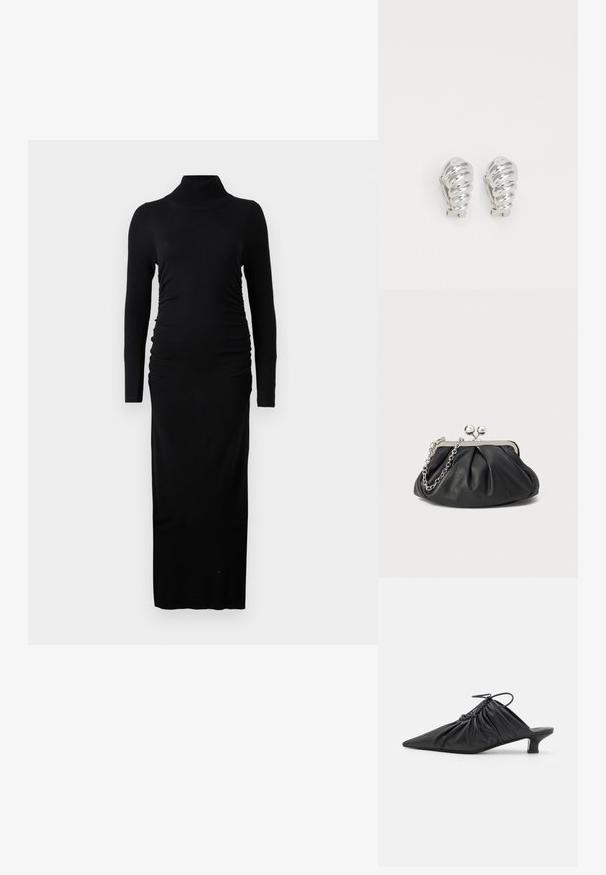 Robe noire à manches longues avec col roulé côtelé, côtés froncés et silhouette maxi droite. Fabriquée en tissu doux et extensible.; Mules noirs en cuir à enfiler avec un bout pointu, une texture froncée et un petit talon aiguille. Présente un détail à cordon au niveau de l'ouverture.; Porte-monnaie en cuir noir avec texture froncée, cadre en métal argenté, fermeture à verrouillage kiss-lock et bandoulière en chaîne. Surface lisse et douce.; Boucles d'oreilles en clip argentées avec un design en spirale, présentant une texture métallique lisse et des formes arrondies. Pas d'embellissements ou de motifs visibles.