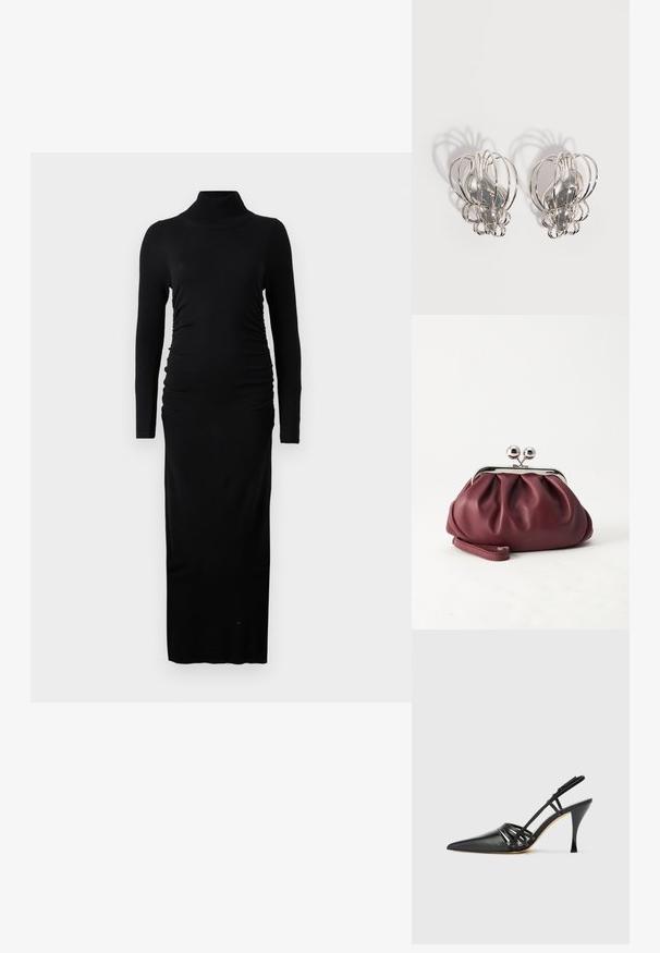 Sort langærmet kjole med ribbet turtleneck, rucherede sider og en lige maxi-silhuet. Lavet af blødt, strækbart stof.; Sort læder højhælede slingback-sko med spids tå, crisscross-remdesign og slank stiletto-hæl. Glat tekstur og minimale accenter.; Lille bordeauxlæder clutch-pung med sølv metal lukning og håndledsrem på hvid baggrund.; Par sølvøreringe i metal med åbent trådburdesign og glatte, centrale ovale former, der kaster buede skygger på en hvid baggrund.