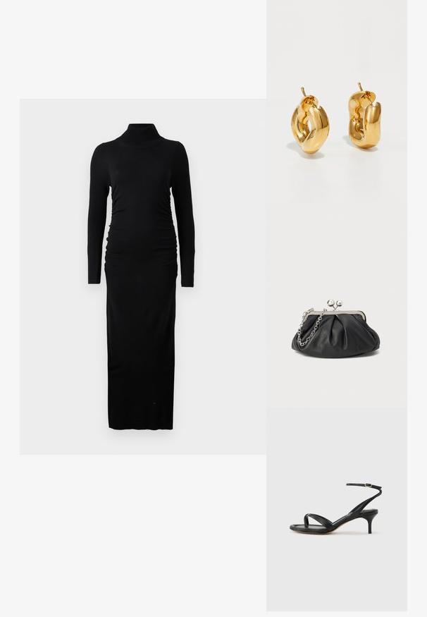 Robe noire à manches longues avec col roulé côtelé, côtés froncés et silhouette maxi droite. Fabriquée en tissu doux et extensible.; Sandale pour femme en cuir noir avec fines lanières, une boucle d'orteil, une boucle à la cheville et un talon aiguille de hauteur moyenne sur un fond neutre.; Porte-monnaie en cuir noir avec texture froncée, cadre en métal argenté, fermeture à verrouillage kiss-lock et bandoulière en chaîne. Surface lisse et douce.; Boucles d'oreilles créoles en or massif avec un design tubulaire légèrement tordu et des fermoirs à tige sur un fond blanc.