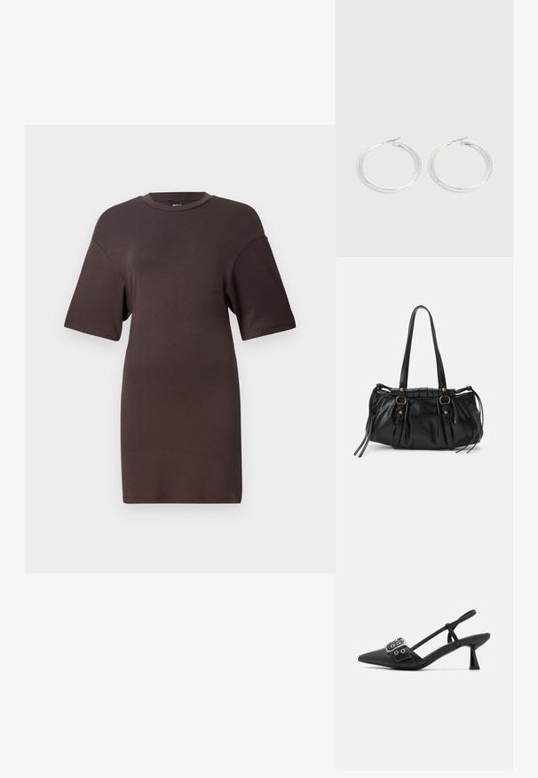 Brun oversized t-shirt kjole med korte ærmer, rund halsudskæring og blød tekstur, som har en afslappet pasform og minimalistisk design.; Simmi London DALA - Pumps - black; Sort læderhåndtaske med rund form, dobbelte hanke, dekorative hardware-detaljer og snøre på siden. Glat, blank overflade.; Par skinnende sølvøreringe med tynde trådlåse, vist på en lys grå baggrund.