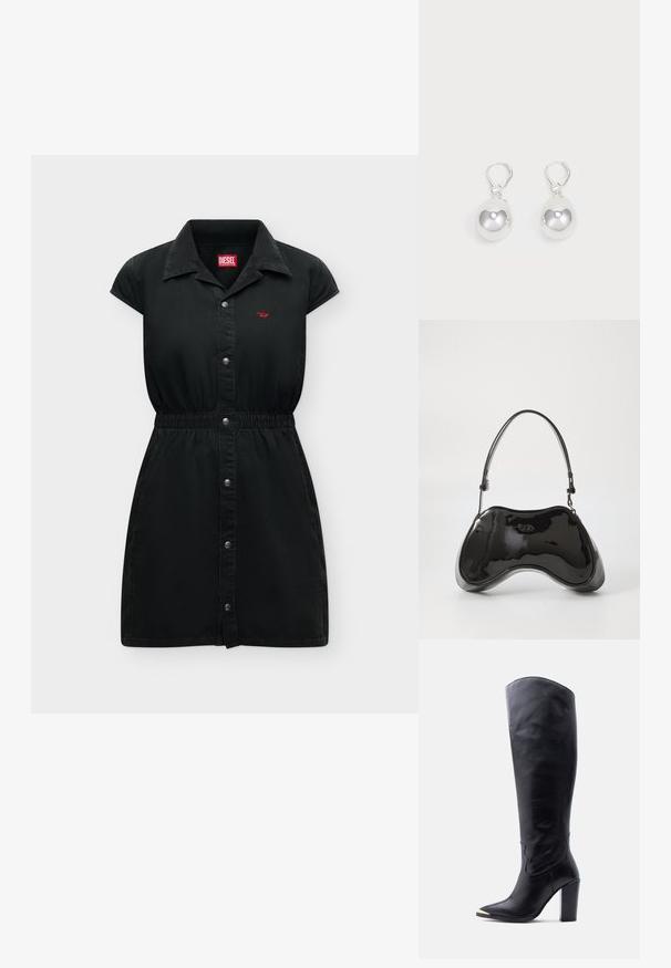 Robe en jean noire à manches courtes avec boutons sur le devant, taille élastiquée, col avec revers et petit logo Diesel rouge sur la poitrine.; Botte noire en cuir montant jusqu'au genou, à bout pointu, embout en métal doré et talon haut bloc sur fond blanc.; Sac à main en cuir verni noir avec une forme incurvée unique, une anse courte et ajustable, et une fermeture zippée. Texture lisse avec un branding discret.; Boucles d'oreilles en argent en forme de goutte avec des surfaces lisses, rondes et réfléchissantes, suspendues à des fermoirs à ressort. L'arrière-plan est blanc uni.