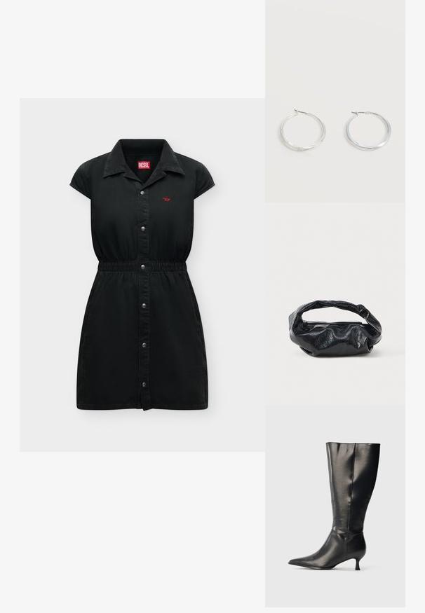 Robe en jean noire à manches courtes avec boutons sur le devant, taille élastiquée, col avec revers et petit logo Diesel rouge sur la poitrine.; Botte en cuir noire montant jusqu'au genou, avec un bout pointu et un petit talon bas, présentée sur un fond clair uni.; Sac noir en matériau texturé et brillant avec une poignée circulaire torsadée et une fermeture éclair. Présente un design doux et froissé.; Boucles d’oreilles créoles en métal argenté avec une surface lisse légèrement incurvée et des fermoirs à clapet sur un fond blanc uni.