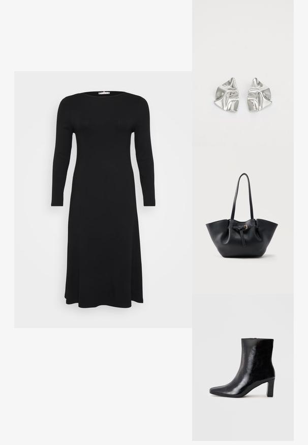 Vestido negro de manga larga, con textura acanalada y escote redondo, con una silueta fluida, mostrado sobre un fondo blanco liso.; Botín negro de tobillo hecho de cuero brillante, con punta afilada y un tacón de bloque medio, con una textura suave y un diseño sencillo.; Bolso tote de cuero negro con asas largas y una correa frontal con una pequeña hebilla dorada, sobre un fondo liso.; Pendientes de metal plateado con un diseño ondulado y escultórico, que presentan un acabado pulido y formas irregulares, destacando una estética contemporánea.