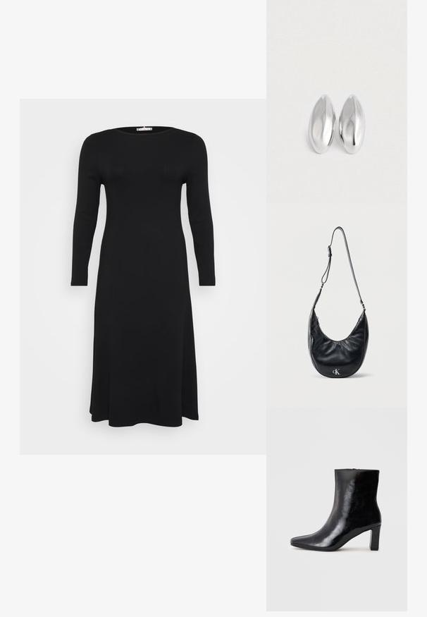 Vestido negro de manga larga, con textura acanalada y escote redondo, con una silueta fluida, mostrado sobre un fondo blanco liso.; Botín negro de tobillo hecho de cuero brillante, con punta afilada y un tacón de bloque medio, con una textura suave y un diseño sencillo.; Bolso de hombro de cuero negro con forma de media luna, con correa ajustable y logo "cK" plateado en la parte frontal, sobre un fondo blanco liso.; Par de objetos ovalados de plata, lisos y brillantes, colocados uno al lado del otro sobre un fondo blanco puro.