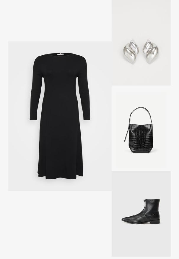 Vestido negro de manga larga, con textura acanalada y escote redondo, con una silueta fluida, mostrado sobre un fondo blanco liso.; Botín de cuero negro hasta el tobillo con punta afilada, tacón bajo y cierre de cremallera frontal, mostrado de perfil sobre un fondo blanco liso.; Bolso tipo saco de piel negra con relieve de cocodrilo, con una sola correa para el hombro y un pequeño logo de la marca en plata en el centro inferior frontal.; Pendientes de plata con una forma orgánica y abstracta. Superficie lisa y brillante con un diseño cónico. Presentan suaves curvas y un detalle de línea central.