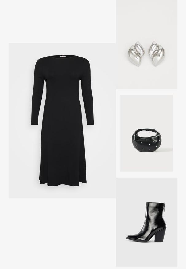 Vestido negro de manga larga, con textura acanalada y escote redondo, con una silueta fluida, mostrado sobre un fondo blanco liso.; Botín de piel negra hasta el tobillo con un acabado brillante, puntera puntiaguda y tacón cuadrado. Presenta una cremallera lateral para fácil calzado.; Bolso de mano de cuero negro con forma redondeada, decorado con detalles de tachuelas plateadas y un asa corta. Textura lisa y cierre con cremallera.; Pendientes de plata con una forma orgánica y abstracta. Superficie lisa y brillante con un diseño cónico. Presentan suaves curvas y un detalle de línea central.