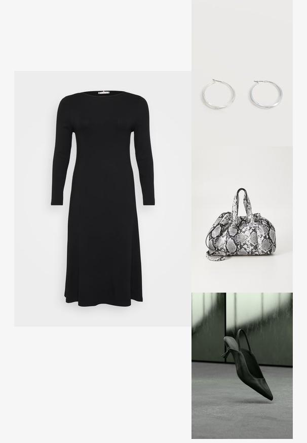 Sort, langærmet, ribbet kjole med rund halsudskæring og svømmende silhuet, præsenteret mod en ensfarvet hvid baggrund.; Sort læder slingback højhælet sko med spids tå svævende over gråt tæppe, sløret grønlig væg i baggrunden.; Håndtaske med sort og hvid slidmønster, to håndtag, snøre lukning og aftagelig skulderrem. Glat tekstur.; Sølvfarvede metaloorringe med glat, let buet overflade og låsemekanisme på en ensfarvet hvid baggrund.