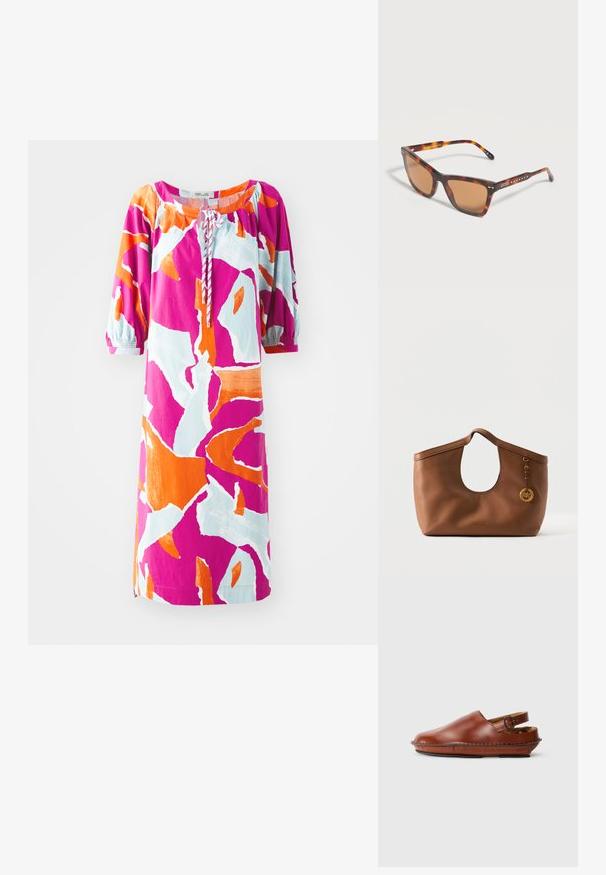 Kleurige jurk met korte mouwen, versierd met een abstract patroon in roze, oranje en lichtblauw. Ontworpen met een ronde halslijn en geplooide details.; Bruine leren klompen met een ronde neus, zijgespannen gespsluiting en zichtbare naden. Zachte binnenvoering en platte rubberen zool voor comfort.; Zonnebril met een vierkant schildpadmontuur en bruin getinte glazen, met kleine decoratieve zilveren stippen op de pootjes.; Bruine leren handtas met afgeronde handvatten, gebogen bovenrand en gouden Michael Kors logo bedel aan de zijkant.