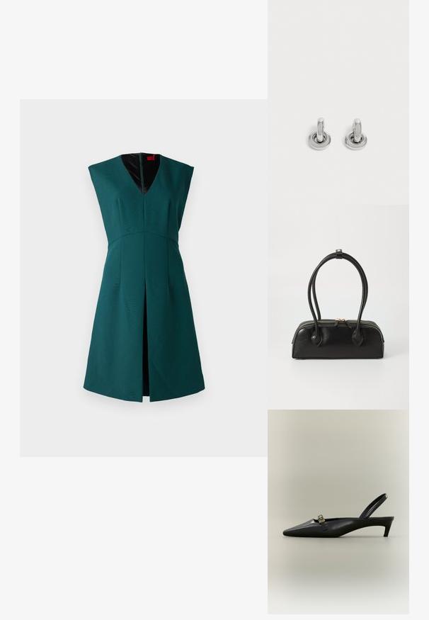 Robe sans manches verte avec un décolleté en V profond, un design structuré, une fente sur le devant et une doublure intérieure noire contrastante. Fermeture éclair au dos.; Escarpin slingback en cuir noir avec talon kitten, bout pointu et petite boucle dorée sur un fond uni.; Sac à main en cuir noir avec deux anses allongées, fermeture éclair et forme arrondie ; texture lisse avec une finition légèrement brillante.; Paire de petites boucles d'oreilles créoles argentées brillantes avec une base ronde, présentées sur un fond clair uni.