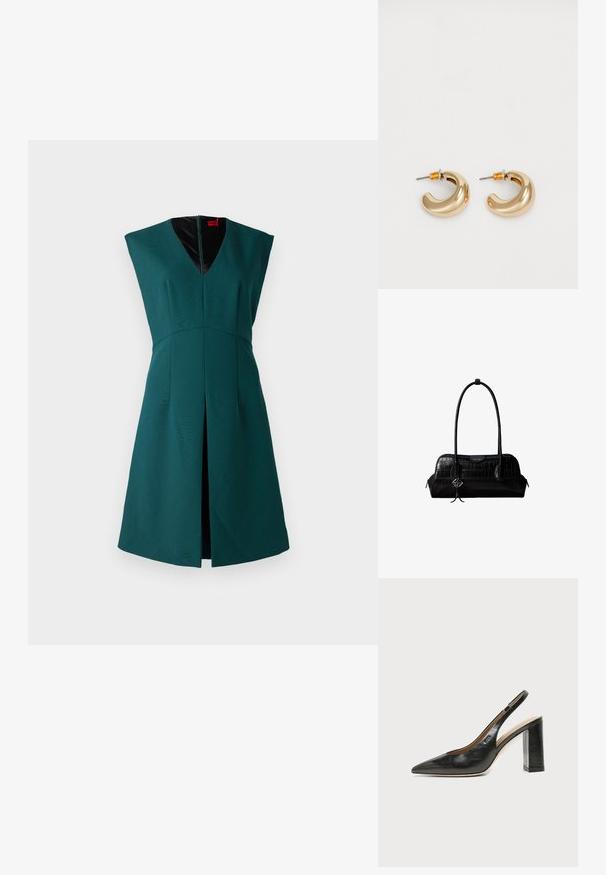 Groene mouwloze jurk met een diepe V-hals, gestructureerd ontwerp, een split aan de voorkant en een contrasterende zwarte binnenvoering. Rits aan de achterkant.; Zwarte leren slingback schoen met spits toelopend neusje, hoge blokhak en beige binnenvoering tegen een effen lichte achtergrond.; Zwarte schoudertas van leer met krokodillenstructuur, lange banden en een klein zilveren logohanger aan één band.; Twee glanzende gouden hoepel oorbellen in een gebogen ontwerp, met oranje accenten bij de oorpost, tegen een eenvoudige witte achtergrond.
