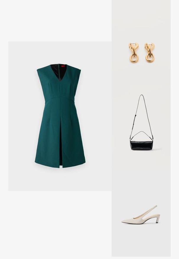 Grünes ärmelloses Kleid mit tiefem V-Ausschnitt, strukturiertem Design, vorderer Schlitze und kontrastierendem schwarzen Innenfutter. Reißverschluss auf der Rückseite.; Beige Slingback-Pumps mit spitzer Kappe, offenen Seiten und kleinem Blockabsatz. Glatte Lederstruktur und minimalistisches Design.; Schwarze rechteckige Leder-Umhängetasche mit verstellbarem Schulterriemen, Reißverschluss oben und kleinem goldfarbenem Calvin Klein-Logo vorne.; Paar glänzende goldfarbene Creolen mit verschlungenem, verdrehtem Design auf schlichten weißem Hintergrund.