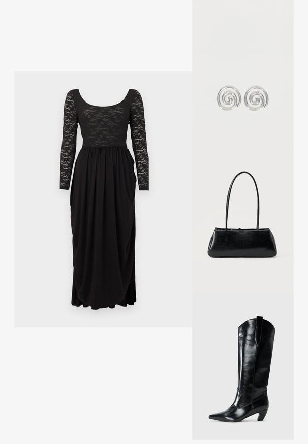 Robe de soirée noire avec manches longues en dentelle et corsage, encolure dégagée, et jupe fluide plissée.; Bottes en cuir noir montantes jusqu'au genou, avec une pointe effilée, un talon bas, et des détails de couture décoratifs sur les côtés. Fini lisse et brillant.; Sac à épaule rectangulaire noir avec de longues bretelles fines et une texture lisse et brillante sur un fond uni.; Paire de boucles d'oreilles en forme d'anneau spirale en argent avec un design lisse et arrondi sur fond blanc uni.