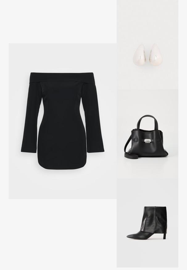 Zwarte off-the-shoulder jurk met lange mouwen, gestructureerde corsage en aansluitende silhoutte. Gemaakt van soepele stof zonder zichtbare patronen.; Zwarte leren laars tot halverwege de kuit met een spitse neus, opgevouwen bovenste schacht en slanke lage hak, staand op een witte achtergrond.; Zwarte leren handtas met een gestructureerde afwerking, voorzien van twee handvatten, een verwijderbare schouderband en een zilveren sluiting.; Zilveren metalen druppeloorbellen met een gladde, reflecterende oppervlakte en een druppelvorm, voorzien van een naadloos ontwerp en zonder zichtbare versieringen.