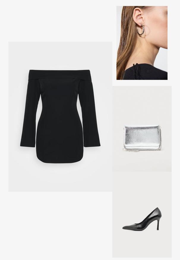 Schwarzes schulterfreies Kleid mit langen Ärmeln, strukturiertem Oberteil und figurbetonendem Schnitt. Hergestellt aus glattem Stoff ohne sichtbare Muster.; Schwarzer Damenspitzschuh aus Lackleder mit spitzer Zehenpartie und schlankem Absatz auf hellem, schlichter Hintergrund.; Kleine rechteckige silberne Metalltasche mit Kettenriemen, die auf einer hellen Oberfläche liegt, geschlossene Klappe zeigt nach vorne.; Silberne Creolen mit polierter Oberfläche, die kleine goldene Akzentdetails und eine runde Form aufweisen, am Ohrläppchen getragen.