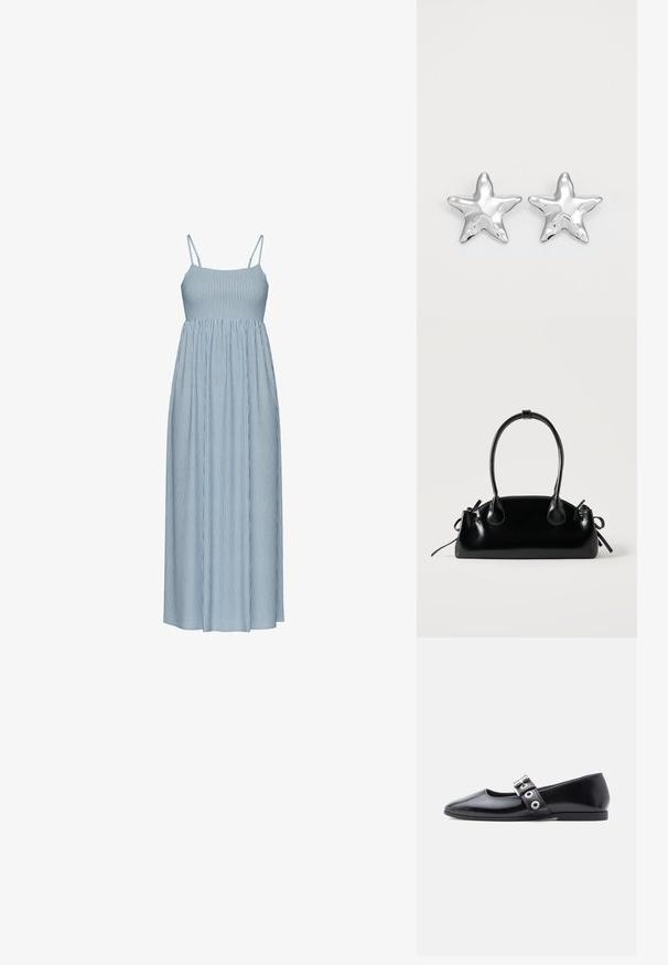 Vestido maxi de rayas azules y blancas con tirantes delgados ajustables, un corsé ajustado y una cintura recogida, que cae en una falda amplia y fluida.; Zapato plano de charol negro con puntera cuadrada, detalle de hebilla lateral y tacón bajo y redondeado. Textura suave y diseño minimalista.; Pequeño bolso negro brillante con dos asas largas y detalles de cordón lateral sobre un fondo claro liso.; Pendientes en forma de estrella plateada con una superficie pulida y brillante. Cada pendiente presenta cinco puntas y sutiles detalles de textura en la superficie.