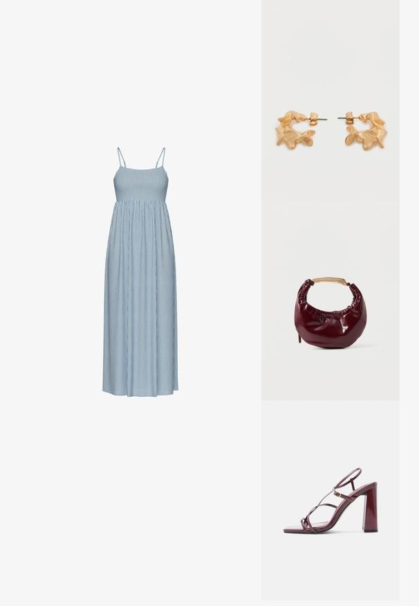 Vestido maxi de rayas azules y blancas con tirantes delgados ajustables, un corsé ajustado y una cintura recogida, que cae en una falda amplia y fluida.; Sandalia de tacón alto en tono burdeos con punta cuadrada, tiras elegantes y acabado brillante. Cuenta con un tacón grueso resistente y detalles en hardware dorado.; Bolso de mano de piel sintética burdeos con forma redondeada, detalles fruncidos y un asa de metal dorado. Textura suave y acabado brillante.; Pendientes de tono dorado con una forma abstracta y orgánica, que presentan una superficie texturizada y un cierre de poste trasero.