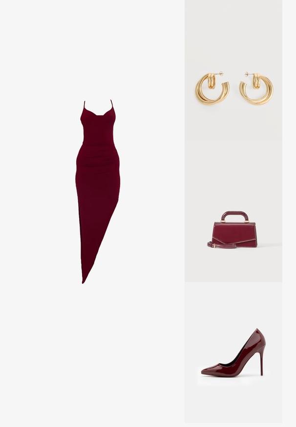Burgunderrotes, figurbetontes Kleid mit Spaghettiträgern, seitlichem Schlitz und gerafften Details an der Taille, aus elastischem Stoff.; Burgunderroter Lackleder-Pumps mit spitzer Schuhspitze, schlankem Design und glänzendem Finish; verfügt über einen dünnen Stilettoabsatz.; Kleine glänzende burgunderrote Handtasche mit oberem Griff und abnehmbarem Schulterriemen, vor einem schlichten hellen Hintergrund präsentiert.; Paar glänzende goldene Doppel-Loop-Creolen mit Steckverschlüssen vor weißem Hintergrund.
