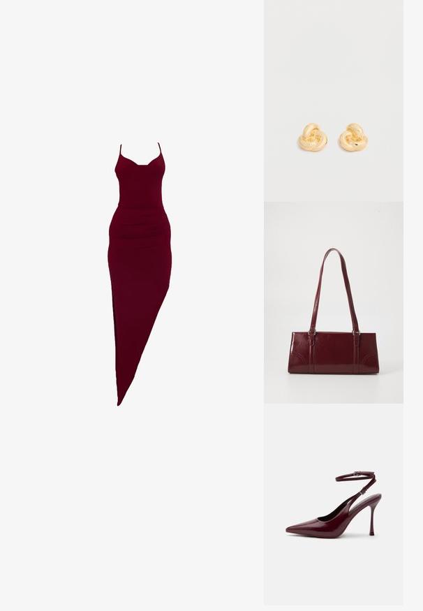 Bordeaux getailleerde jurk met spaghetti bandjes, voorzien van een zijnaad en geplooide details rond de taille, gemaakt van rekbaar materiaal.; Glanzende bordeauxrode hoge hak met puntige neus, enkelriem en gesp, slanke stilettohak, zijaanzicht op een effen achtergrond.; Bourgondische handtas van glanzend materiaal, rechthoekige vorm, met twee schouderbanden en subtiele gebogen accenten aan de voorkant.; Een paar glanzende oorstekers in goudkleur, gevormd als knopen, tegen een effen witte achtergrond.